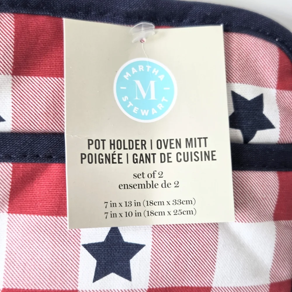 Martha Stewart Red White and Blue Checkered Oven Mitt & Pot Holder Set Patriotic